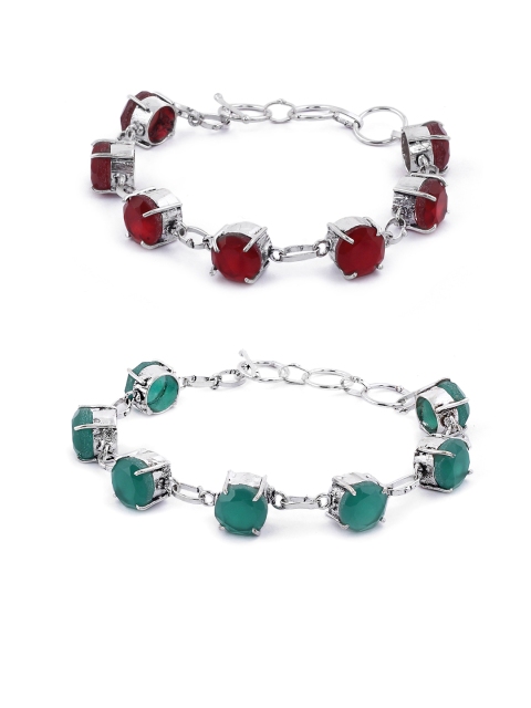 

EL REGALO Unisex Set of 2 Green & Maroon Silver-Plated Charm Bracelets