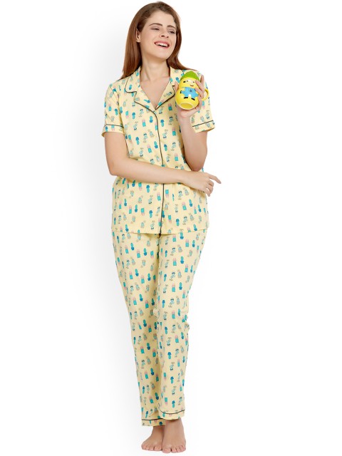 

MAYSIXTY Women Yellow & Turquoise Blue Printed Cotton Night suit