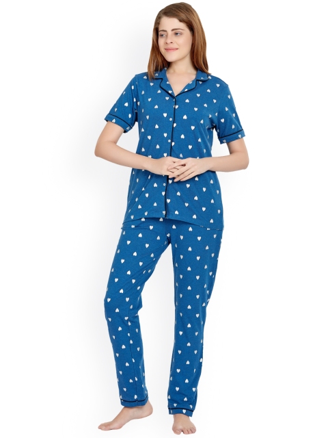

MAYSIXTY Women Navy Blue & White Printed Pure Cotton Night suit
