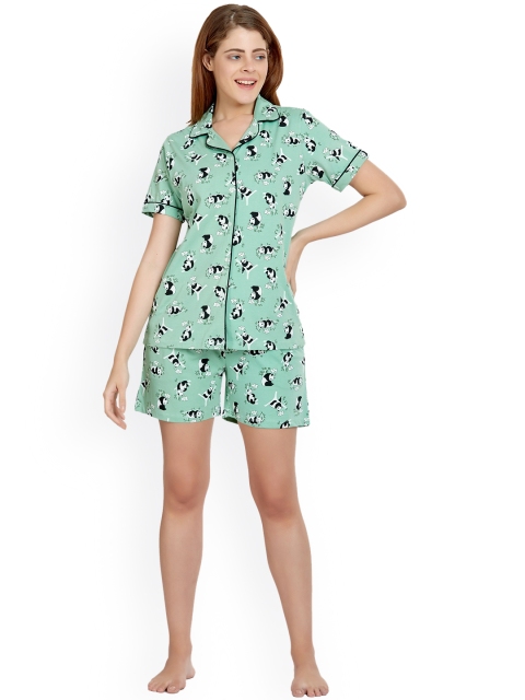 

MAYSIXTY Women Green & Off White Printed Cotton Night suit