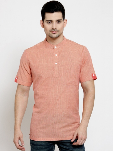 

NEUDIS Men Peach-Coloured Mandarin Collar Roll Up Sleeves Cotton Kurta