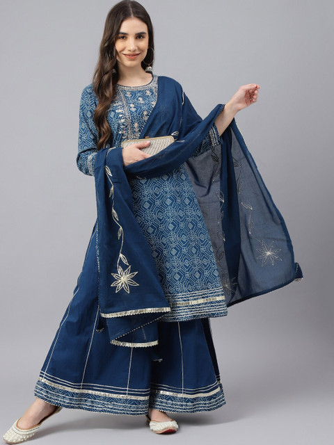 

EtnicaWear Women Blue Bandhani Embroidered Thread Work Pure Cotton Kurta with Pyjamas & With Dupatta