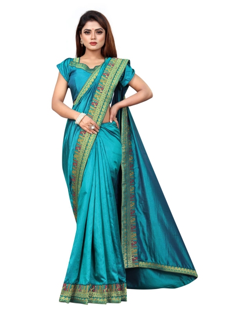 

Queenswear Creation Turquoise Blue & Gold-Toned Embroidered Pure Silk Saree