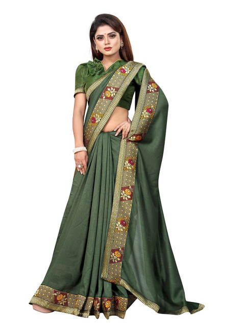 

Queenswear Creation Green & Gold-Toned Embroidered Pure Silk Saree