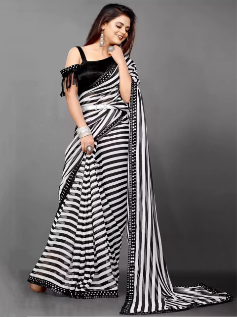 

Queenswear Creation Black & Off White Striped Saree