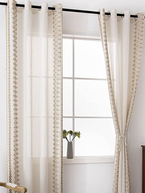 

URBAN SPACE Off White & Beige Set of 2 Ethnic Motifs Room Darkening Long Door Curtain