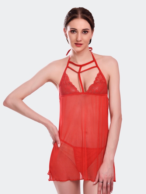 

Fleurt Women Red Halter Neck Baby Doll