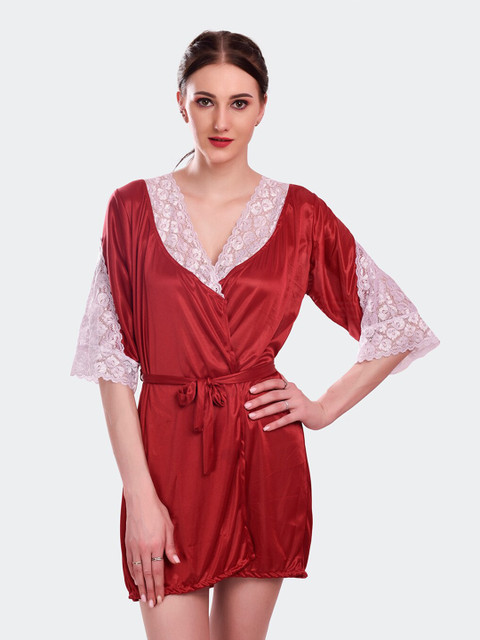 

Fleurt Maroon & Off White Satin Night Wear Baby Doll