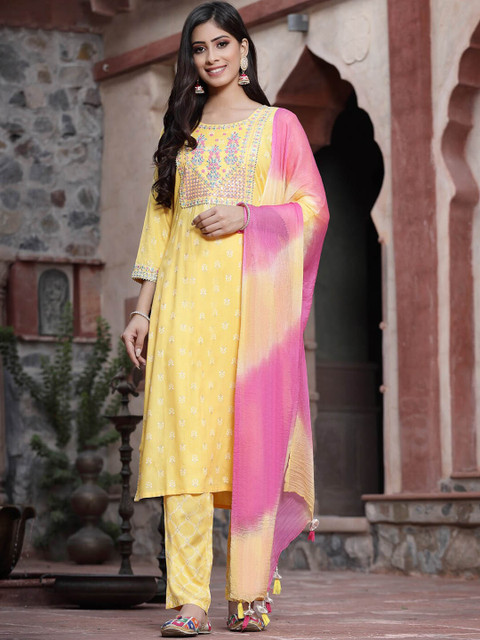 

Juniper Women Yellow Embroidered Sequinned Kurta with Trousers & With Dupatta