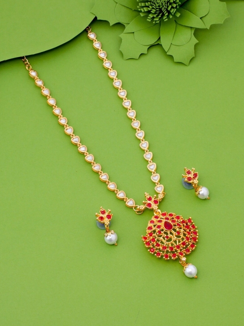 

LAFORWORD Gold-Plated Red & White AD Studded & Beaded Jewellery Set