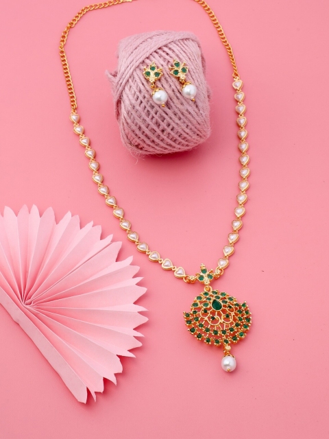 

LAFORWORD Gold-Plated Green & White AD Studded & Beaded Jewellery Set