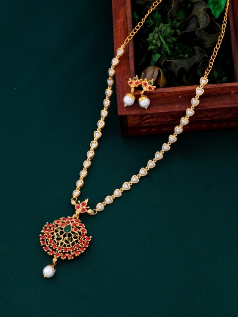 

LAFORWORD Gold-Plated Pink & Green AD Studded & Beaded Jewellery Set