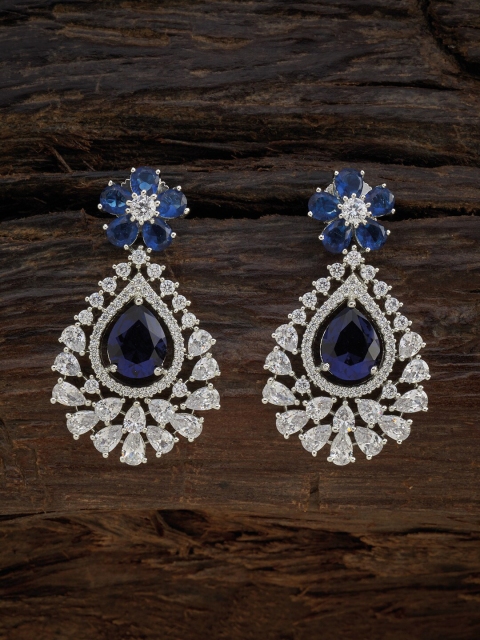 

Kushal's Fashion Jewellery Blue & White Rhodium-Plated Teardrop Shaped Drop Earrings