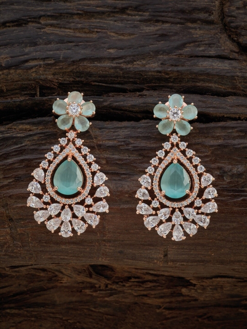 

Kushal's Fashion Jewellery Green & White Rose Gold-Plated Teardrop Shaped Drop Earrings, Sea green