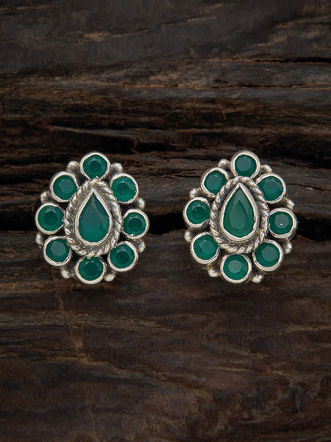 

Kushal's Fashion Jewellery 92.5 Pure Silver Green & Rhodium-Plated Floral Studs Earrings