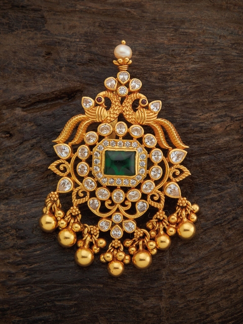 

Kushal's Fashion Jewellery 92.5 Pure Silver Gold-Toned & Green Stones-Studded Pendant