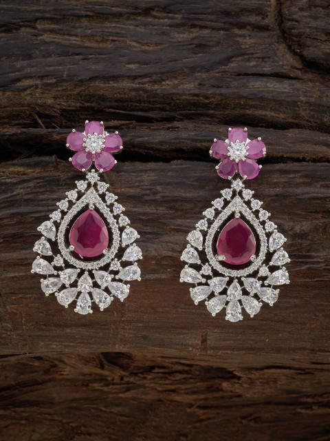 

Kushal's Fashion Jewellery Pink & White Rhodium-Plated Ruby Teardrop Shaped Drop Earrings