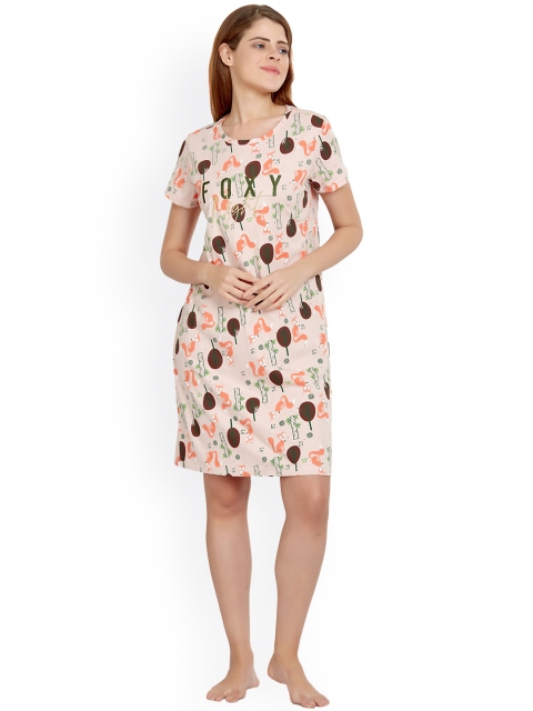 

MAYSIXTY Peach-Coloured Pure Cotton Printed Nightdress