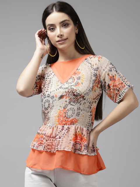 

Aarika Orange & Beige Floral Print Layered Georgette Top