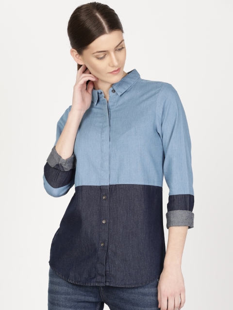 

ether Women Blue Regular Fit Colourblocked Denim Shirt