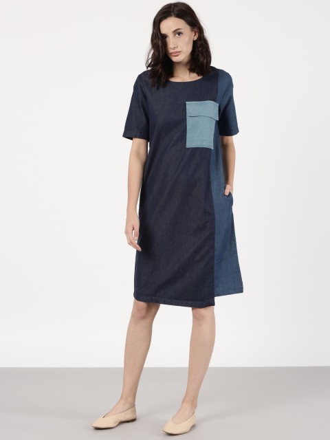 

ether Women Blue Denim Colourblocked & Panelled A-Line Dress