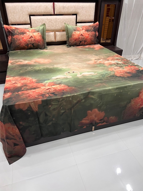 

Pure Decor Green & Orange Floral 350 TC King Bedsheet with 2 Pillow Covers