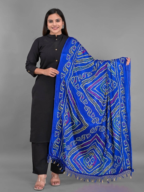 

Apratim Women's Blue & Yellow Printed Bandhani Dupatta