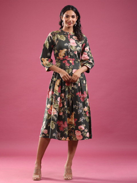 

JISORA Women Black Floral Printed Midi Dress