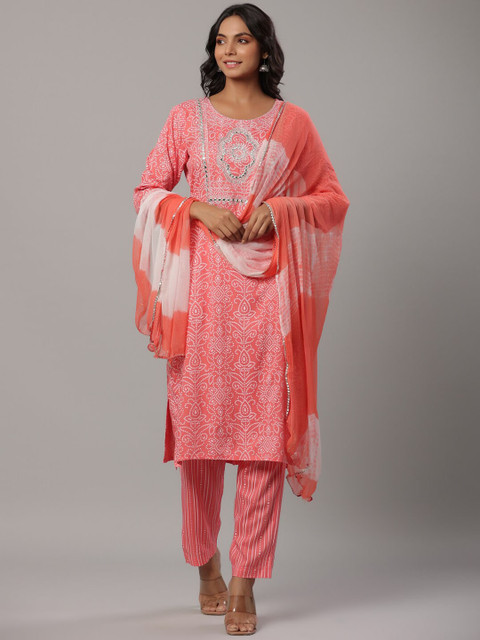

PK Fashions Women Ethnic Motifs Printed Pure Cotton Kurta with Trousers & With Dupatta, Pink