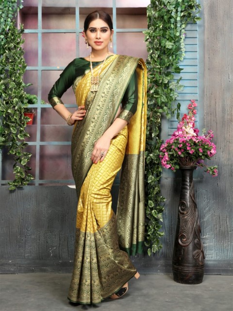 

Wuxi Gold-Toned & Green Ethnic Motifs Zari Pure Silk Banarasi Saree