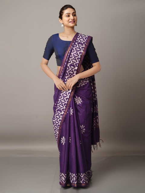 

Unnati Silks Violet & White Batik Zari Pure Silk Chanderi Saree