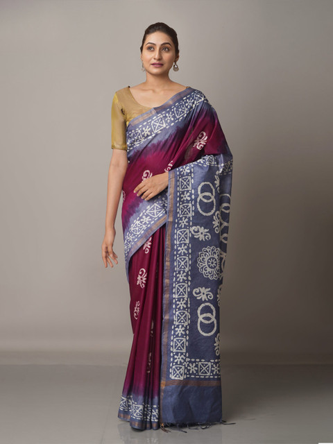 

Unnati Silks Purple & Grey Batik Zari Pure Silk Chanderi Saree