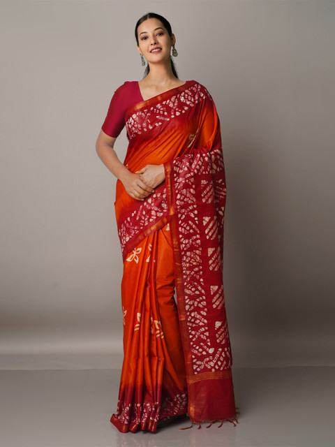 

Unnati Silks Orange & Gold-Toned Batik Zari Pure Silk Chanderi Saree
