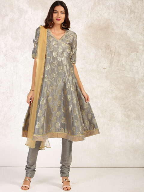 

Anouk Women Grey Printed Kurta with Churidar & Dupatta