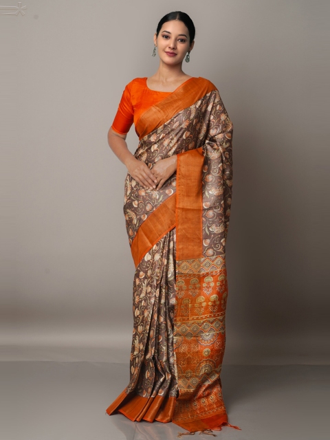 

Unnati Silks Brown & Gold-Toned Ethnic Motifs Zari Pure Silk Tussar Saree