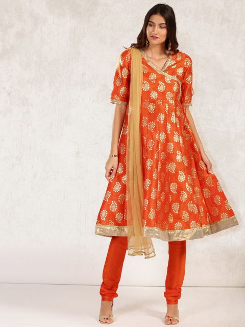 

Anouk Women Orange Printed Kurta with Churidar & Dupatta