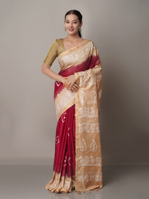 

Unnati Silks Maroon & Cream-Coloured Batik Zari Pure Silk Chanderi Saree