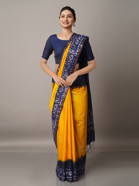 

Unnati Silks Yellow & Navy Blue Batik Zari Pure Silk Chanderi Saree
