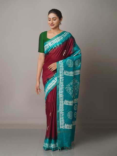 

Unnati Silks Maroon & Blue Batik Zari Pure Silk Chanderi Saree