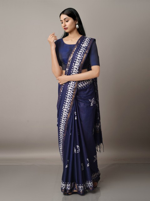 

Unnati Silks Navy Blue & White Batik Zari Pure Silk Chanderi Saree