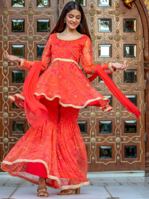 

HOUSE OF JAMOTI Women Bandhani Printed Kurta With Sharara & Dupatta, Orange