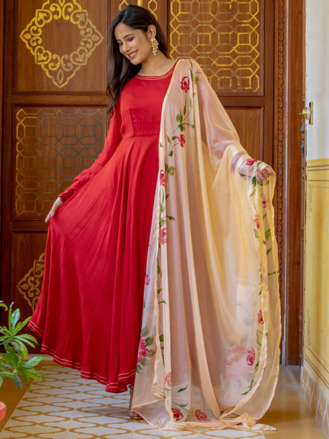

HOUSE OF JAMOTI Women Floral Anarkali Kurta With Dupatta, Maroon