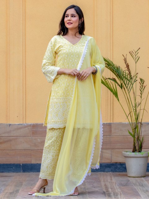 

HOUSE OF JAMOTI Women Ethnic Motifs Chikankari Kurta With Trousers & Dupatta, Yellow