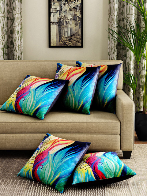 

HOUZZCODE Set of 5 Multicoloured Printed 12" x 12" Square Cushion Covers, Multi