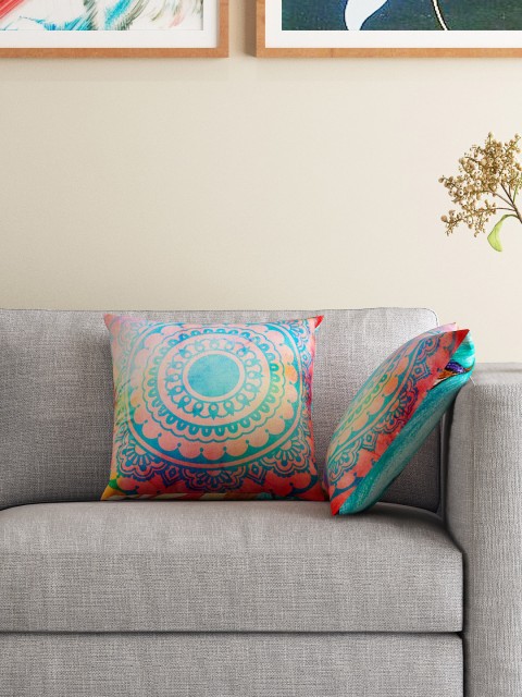 

HOUZZCODE Set of 2 Red & Blue Printed 12" x 12" Square Cushion Covers