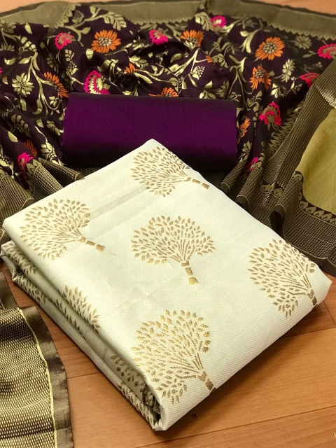 

MORLY Off White & Purple Printed Banarasi Dupion Silk Unstitched Dress Material