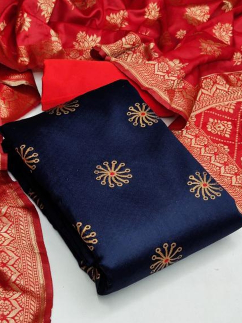 

MORLY Women Navy Blue & Red Dupion Silk Unstitched Dress Material