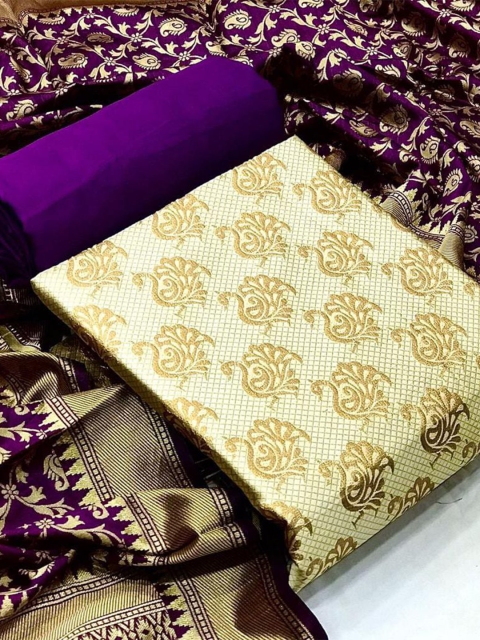 

MORLY Women Beige & Purple Dupion Silk Unstitched Dress Material