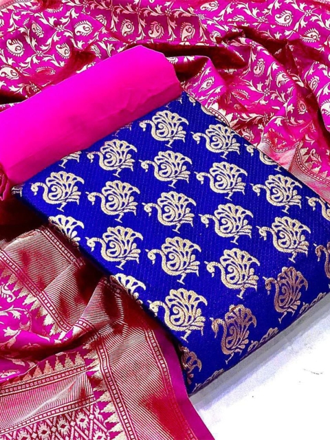 

MORLY Women Blue & Pink Dupion Silk Unstitched Dress Material