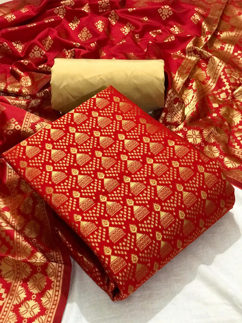 

MORLY Women Red & Gold-Toned Dupion Silk Unstitched Dress Material